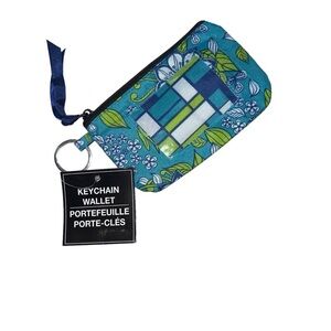 NWT Travel Wallet Coin Purse Key Chain Floral Flower Blue Green